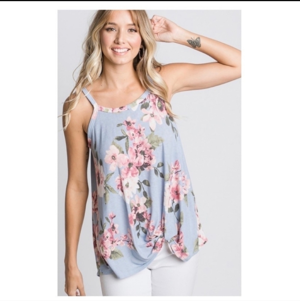Hopley Floral Spaghetti Strap Tank Top With Knot on the Side Detail-S & L - Picture 3 of 14